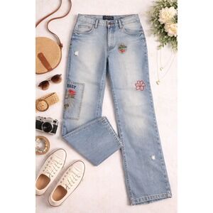 PAZZO Womens Light Wash Embroidered Patch Straight Leg Jeans Blue 34/33 Turkey